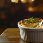 A ramekin of Crab Brûlée with a golden caramelized sugar crust, garnished with fresh herbs and a crab claw, set on a rustic wooden table in a fine dining ambiance.