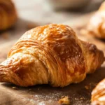 Close-up of golden, flaky homemade butter croissants on a wooden board, with visible crisp layers and a soft interior.