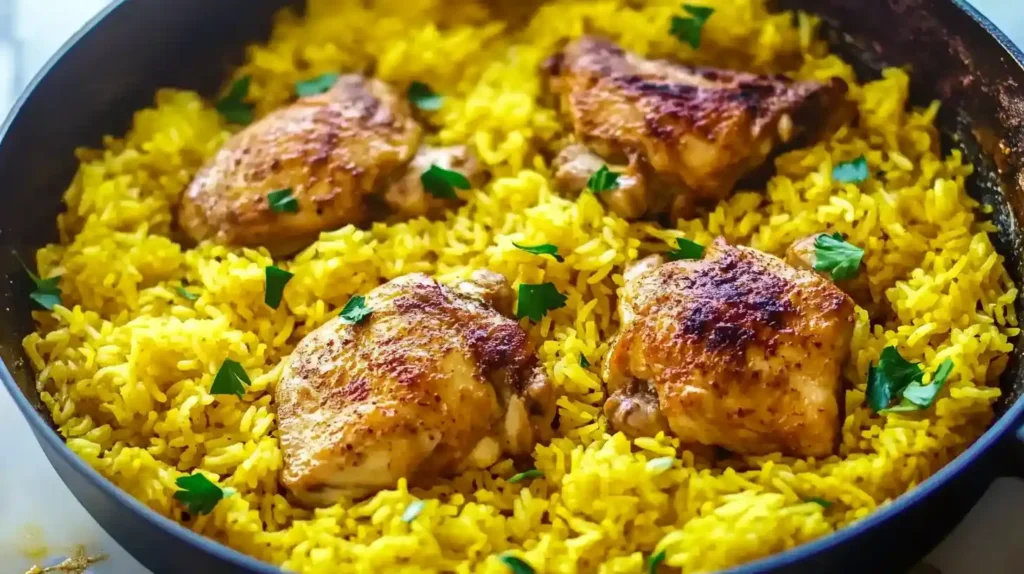A skillet filled with golden yellow rice and perfectly seared chicken thighs, garnished with fresh parsley.