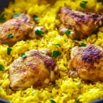 A skillet filled with golden yellow rice and perfectly seared chicken thighs, garnished with fresh parsley.