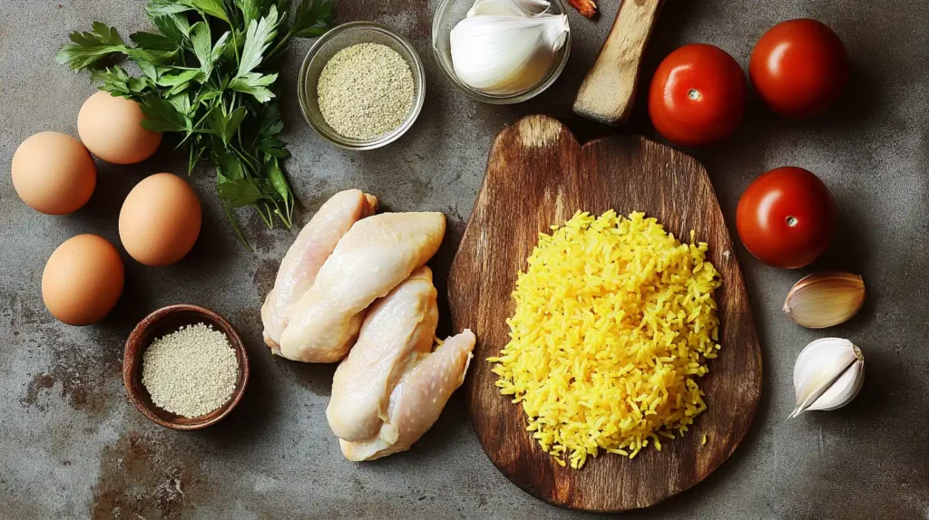 A rustic flat-lay of fresh ingredients for a Chicken and Yellow Rice recipe, including raw chicken, yellow rice on a wooden board, eggs, garlic, parsley, tomatoes, and spices.