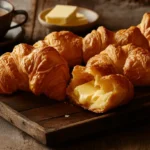 Golden-flaky-butter-croissants-on-a-wooden-tray-