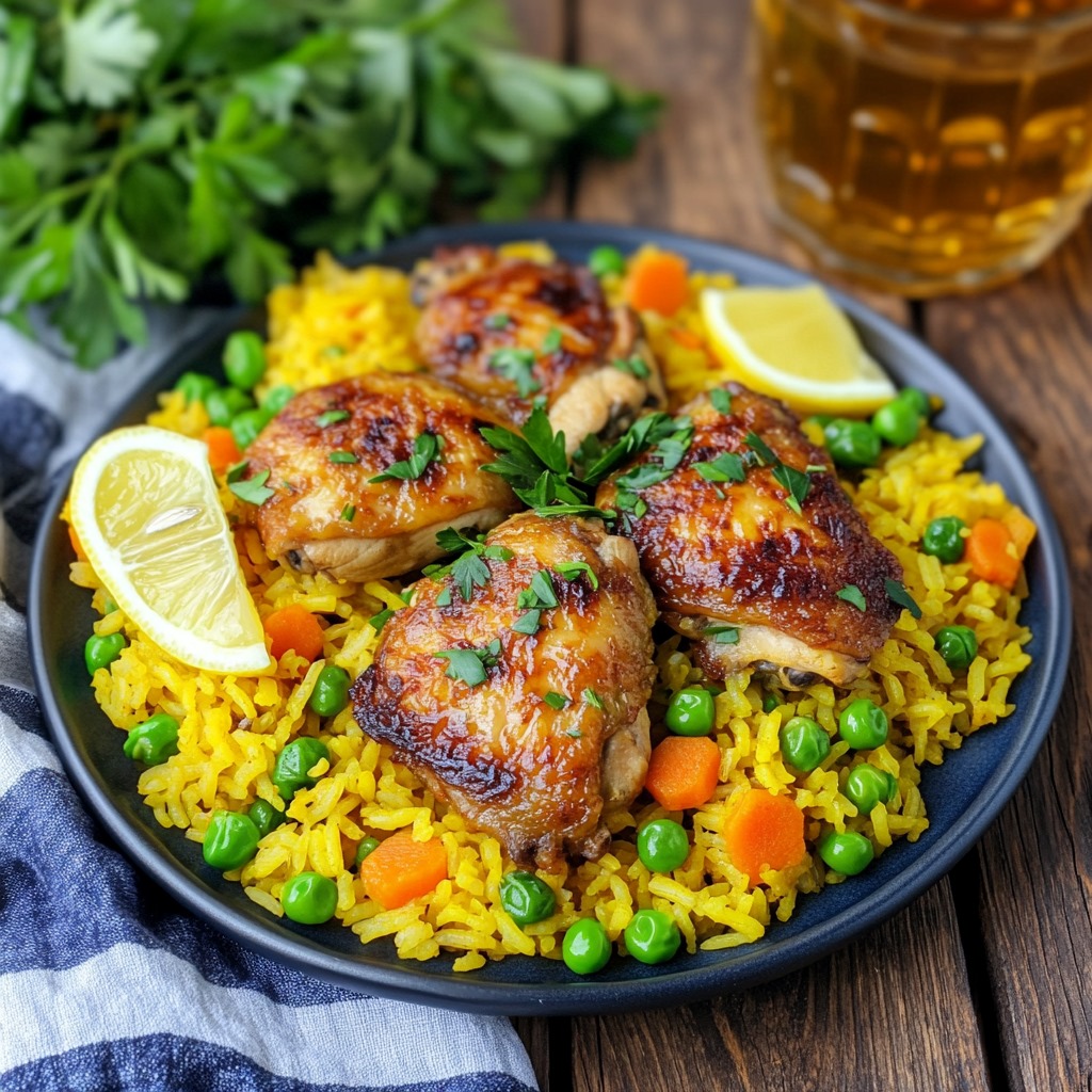 Delicious chicken and yellow rice recipe served in a bowl