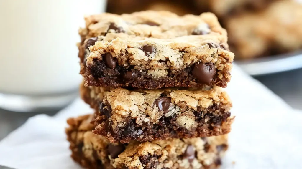A stack of freshly baked brookies with a golden cookie top and fudgy brownie bottom, filled with melted chocolate chips. Placed on parchment paper with a blurred background featuring a glass of milk.