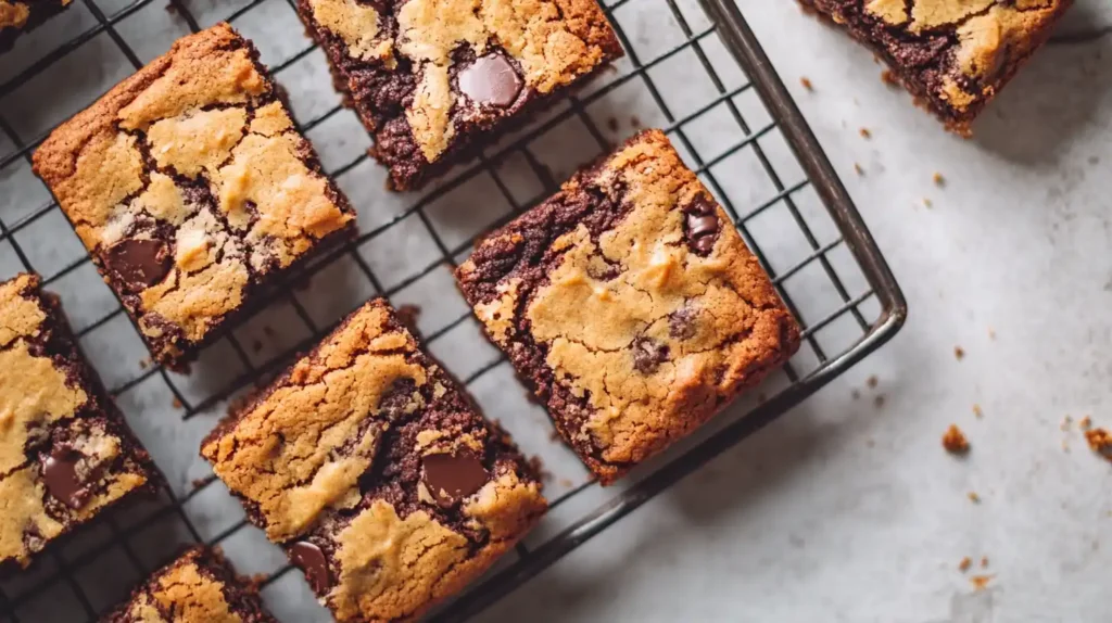 Freshly baked brookies cooling on a black wire rack, showcasing a golden cookie top and rich, fudgy brownie bottom with melted chocolate chunks. A few crumbs are scattered on the light-colored surface.