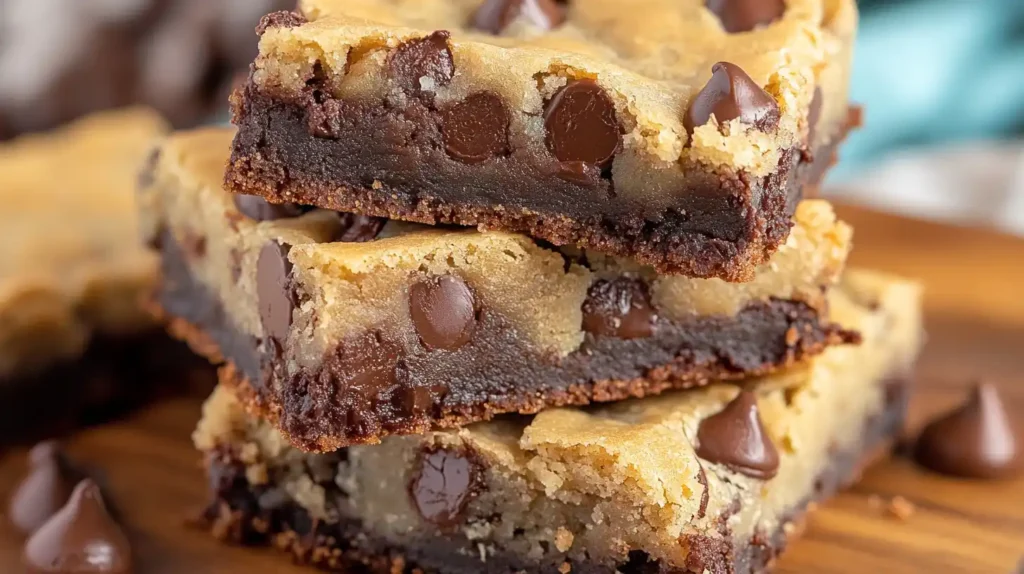 A stack of thick, fudgy brookies with a golden cookie layer on top and a rich, chocolatey brownie base. This delicious brookie recipe is filled with melted chocolate chips and placed on a wooden surface with extra chocolate chips scattered around.