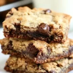 A stack of three freshly baked brookies with a golden, crispy cookie layer on top and a rich, fudgy brownie bottom, filled with melted chocolate chips. Placed on a white parchment paper with a blurred background featuring a glass of milk.