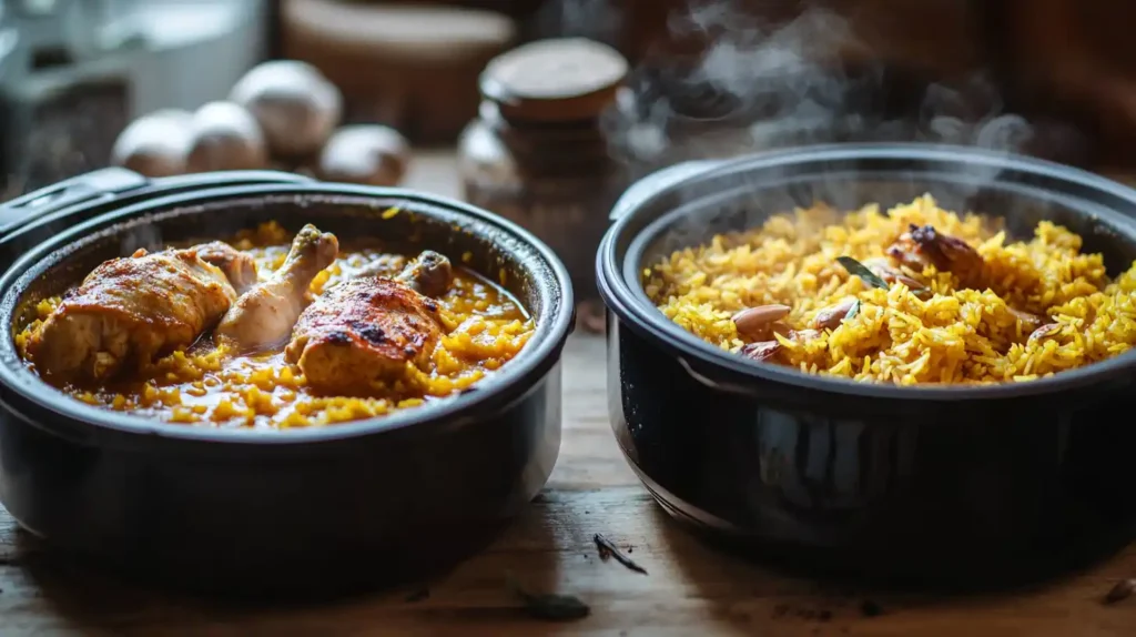 A slow cooker and an Instant Pot on a kitchen counter, both filled with steaming chicken and yellow rice, showcasing an easy one-pot cooking method.