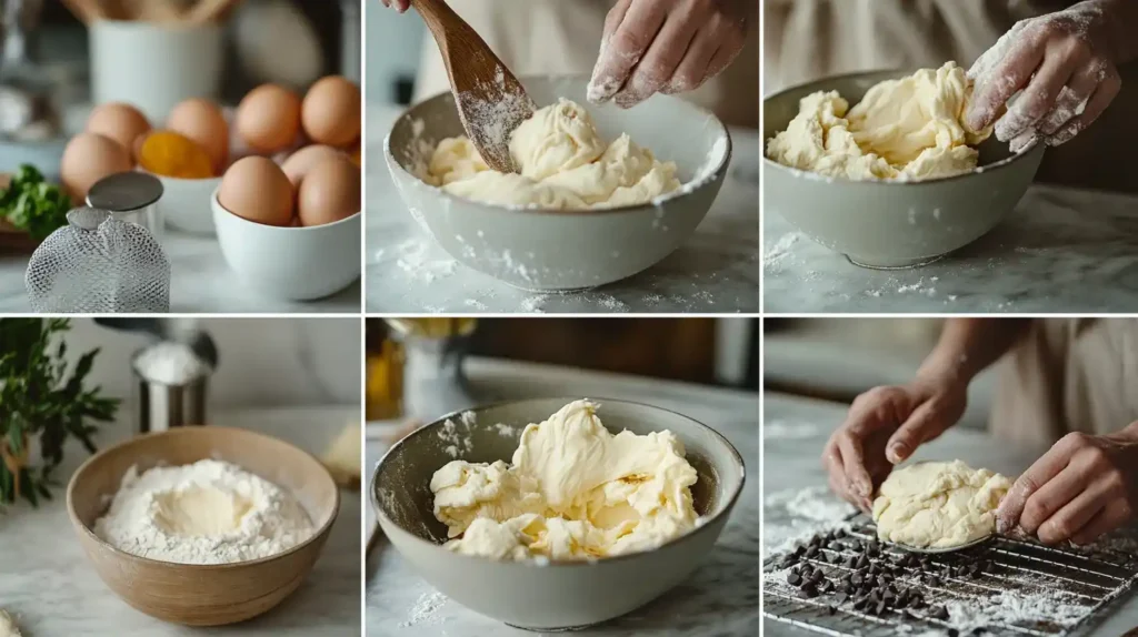 A collage of six images showing the process of making cookie dough. Steps include mixing butter and flour in a bowl, kneading the dough by hand, and shaping it on a wire rack with chocolate chips. The scene has a rustic kitchen setting with natural lighting.