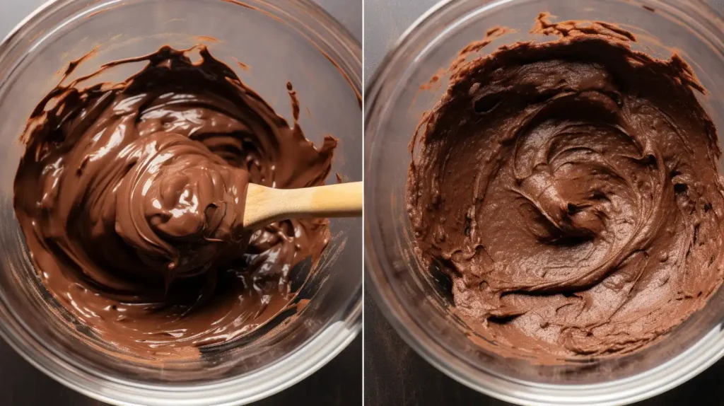 A two-image collage showing brownie batter preparation in a glass bowl. The left image features glossy melted chocolate being stirred with a wooden spatula. The right image shows thick, creamy brownie batter ready for baking.