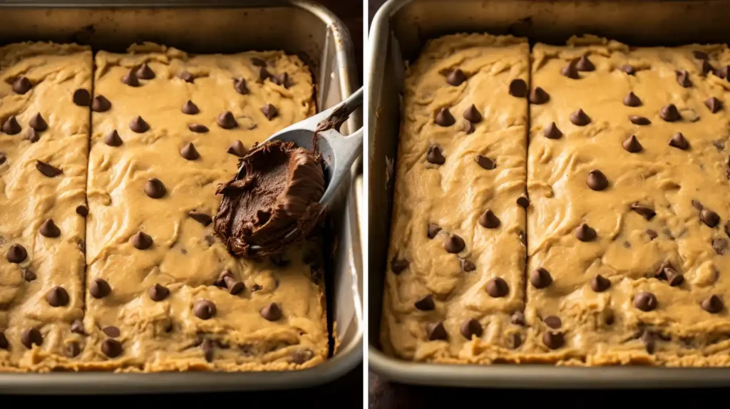 Close-up of brookie dough in a baking pan, topped with chocolate chips. A spoon spreads chocolate batter on one section. The second image shows the smooth, unbaked brookie dough divided into sections.