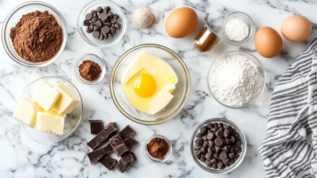 Flat lay of brookie ingredients on a marble countertop, including butter, eggs, flour, cocoa powder, chocolate chips, brown sugar, and vanilla extract. A glass bowl with butter and a cracked egg is in the center, surrounded by neatly arranged ingredients.