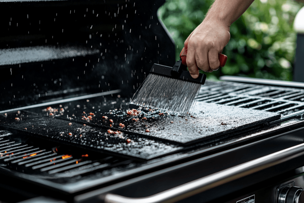 A Blackstone griddle being cleaned with a scraper and a traditional grill being cleaned with a wire brush.