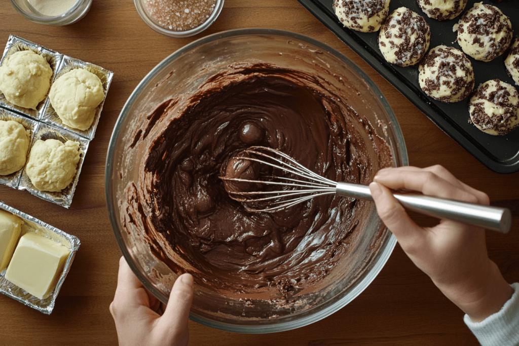 A baker mixing brownie batter in a bowl surrounded by brookie ingredients and cookie dough balls.
