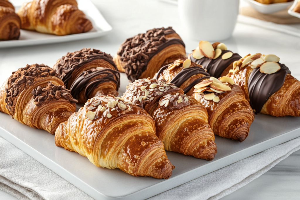 A bakery display featuring classic butter croissants alongside almond and chocolate variations.