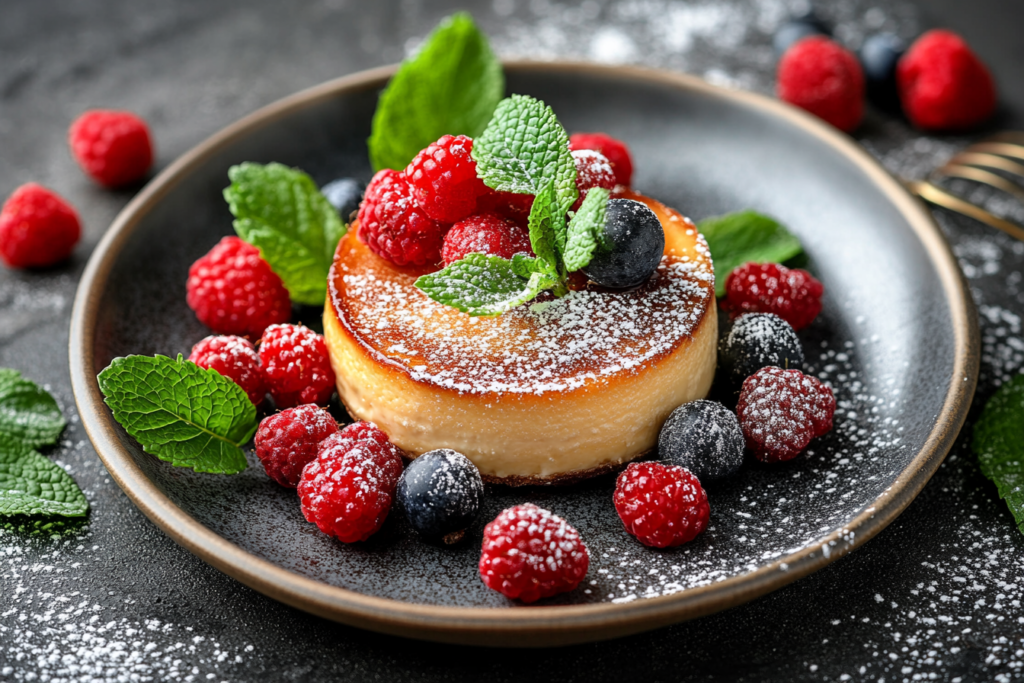 A Crème Brûlée served on a dessert plate, garnished with fresh berries, mint leaves, and powdered sugar for an elegant presentation.

