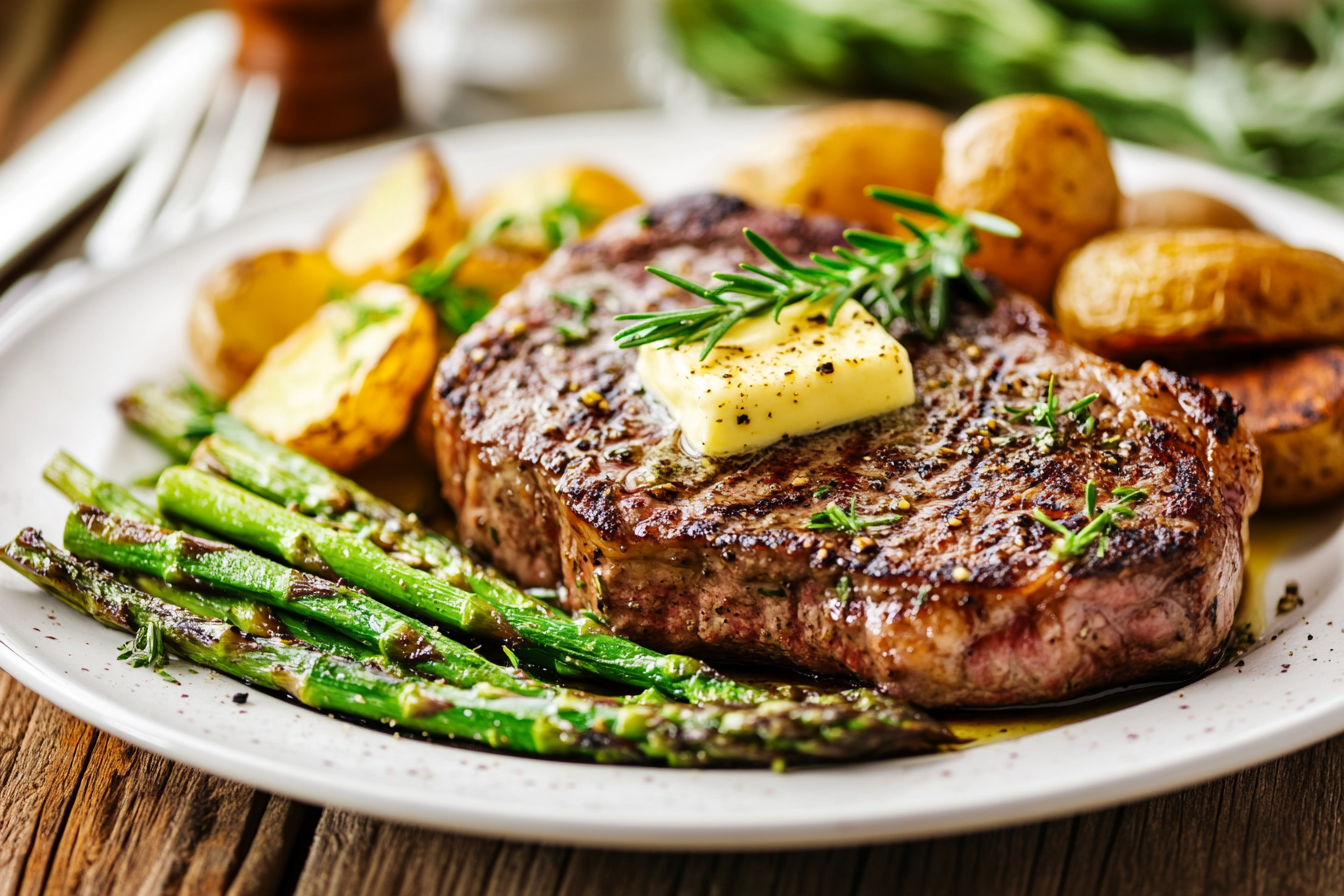 "Perfectly cooked 8-ounce steak served with asparagus and roasted potatoes on a white plate."