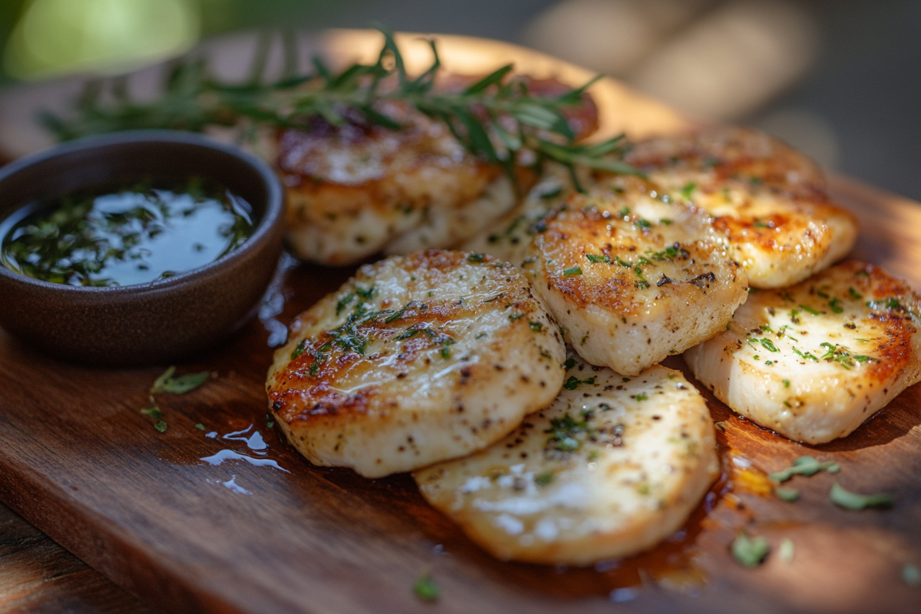 Thin-sliced chicken breasts on a wooden board with a bowl of marinade and fresh herbs.