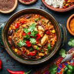 Traditional Mole Poblano with chicken and rice on a festive Mexican table.