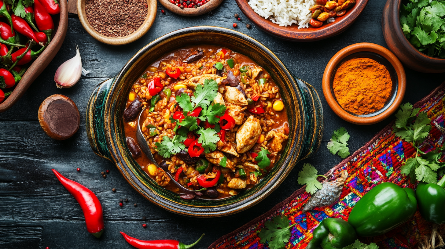 Traditional Mole Poblano with chicken and rice on a festive Mexican table.