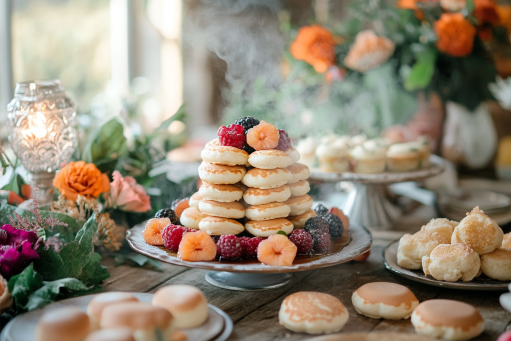 A plate of steaming mini pancakes surrounded by fresh fruit and syrup on a rustic wooden table, perfect for a party setting.