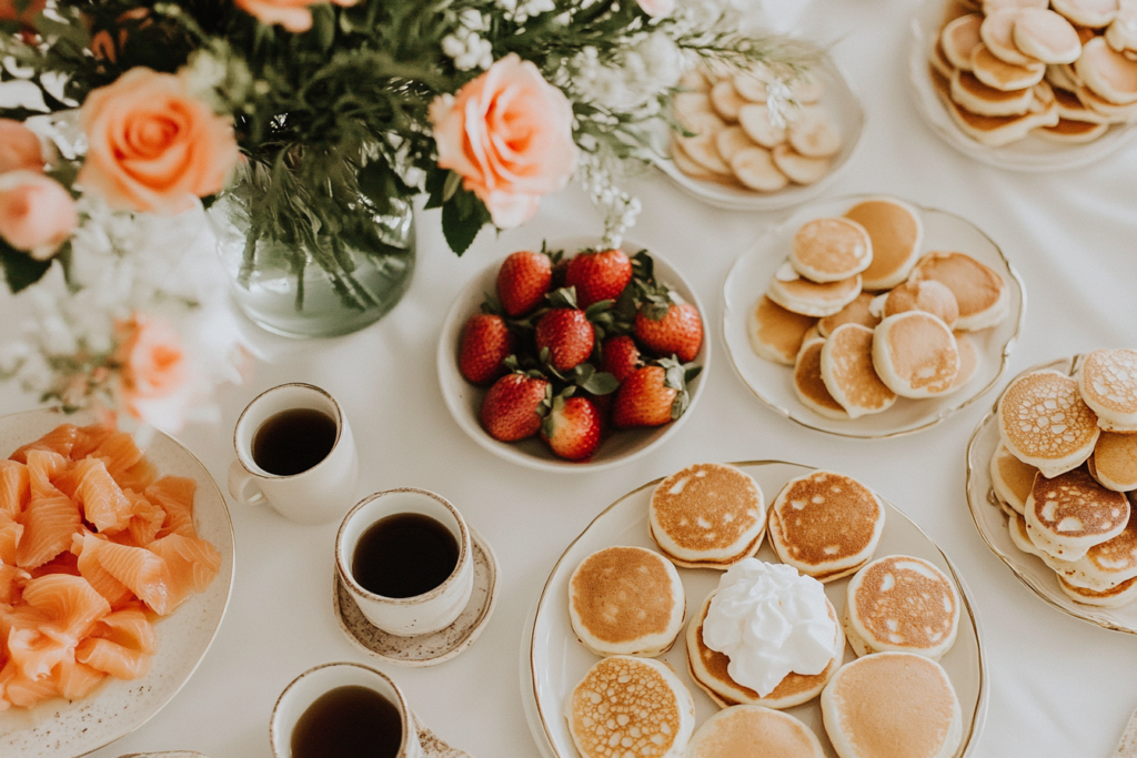 Mini pancakes served with diverse toppings like syrup, fruit, whipped cream, and smoked salmon on a decorated brunch table.