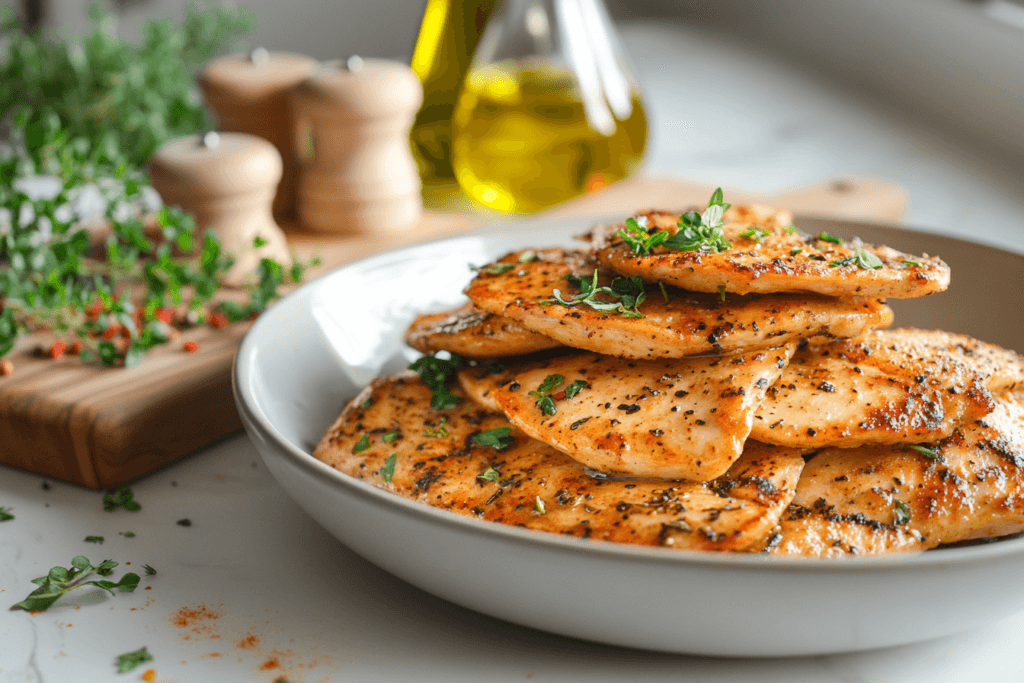 A plate of perfectly cooked thin chicken breasts garnished with fresh herbs.