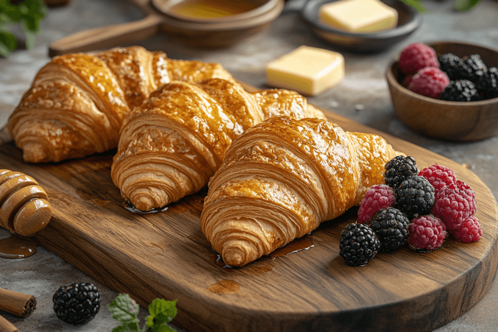 Slices of croissant toast on a wooden board, displaying golden layers and flaky texture, with butter, honey, and fresh berries as toppings.