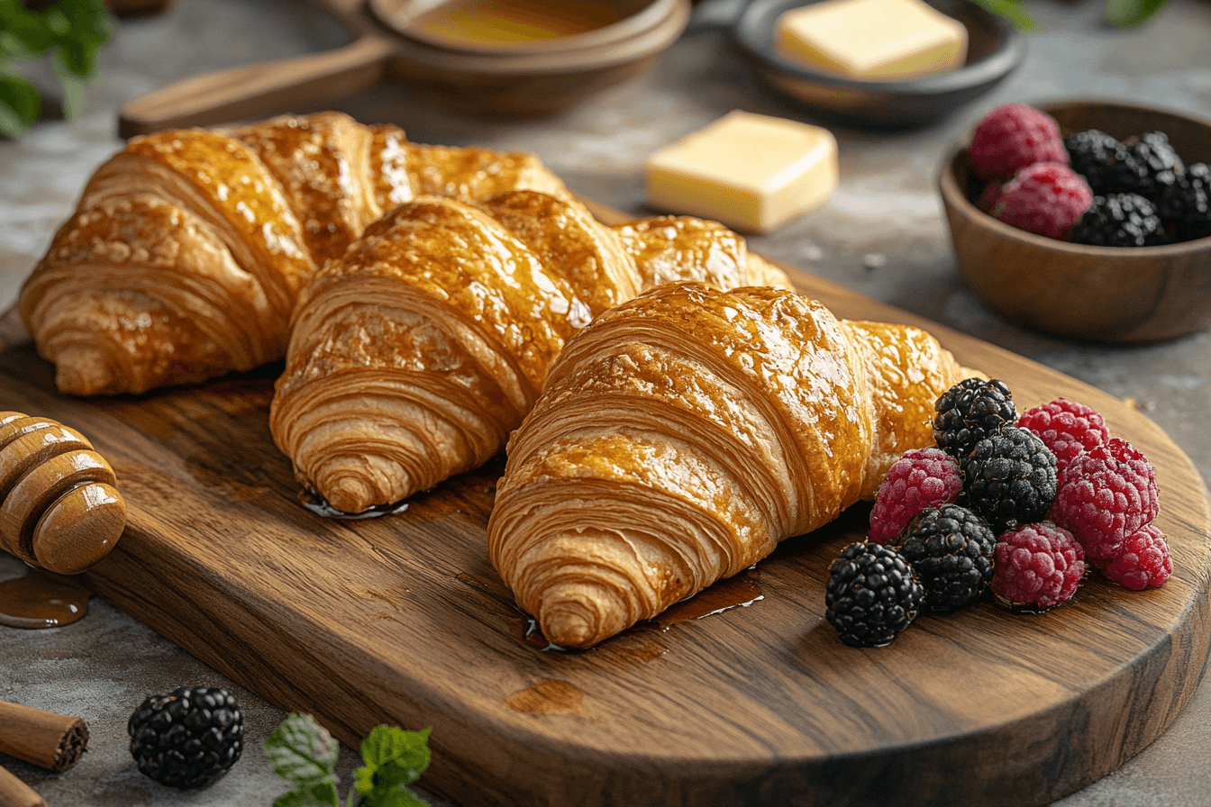 Slices of croissant toast on a wooden board, displaying golden layers and flaky texture, with butter, honey, and fresh berries as toppings.