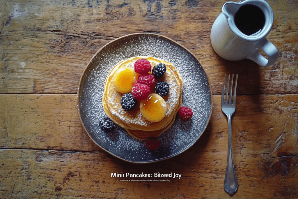 A stack of mini pancakes (silver dollar pancakes) topped with berries and powdered sugar, placed on a wooden table, perfect for showcasing their golden texture and breakfast appeal.