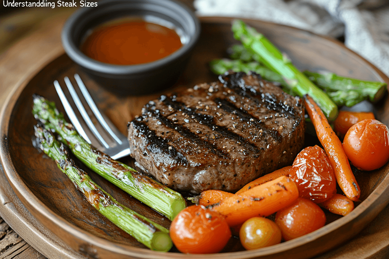 Grilled 8-ounce steak served with roasted vegetables on a rustic plate, representing a balanced steak serving size.