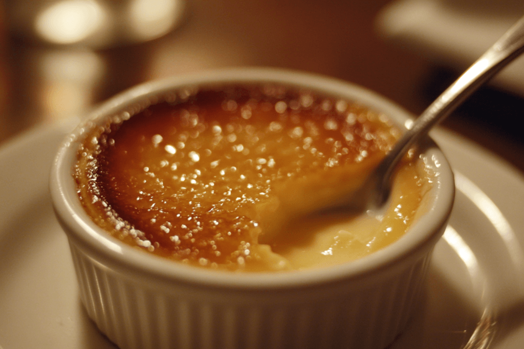 A close-up image of a classic Crème Brûlée served in a small ramekin, showing the golden caramelized sugar crust with a spoon gently cracking into it. The custard underneath is creamy and rich, with a soft glow from warm ambient lighting.
