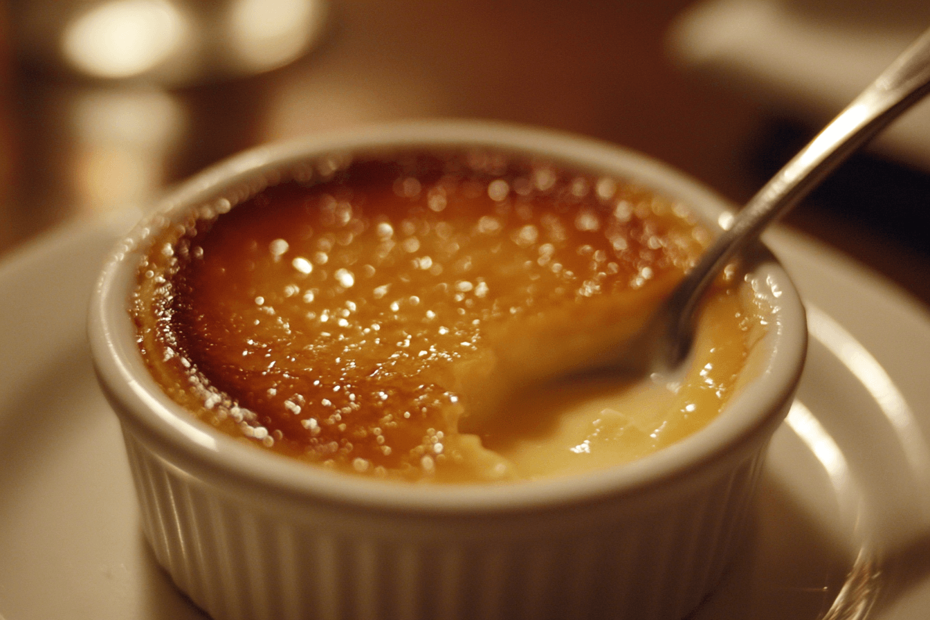 A close-up image of a classic Crème Brûlée served in a small ramekin, showing the golden caramelized sugar crust with a spoon gently cracking into it. The custard underneath is creamy and rich, with a soft glow from warm ambient lighting.