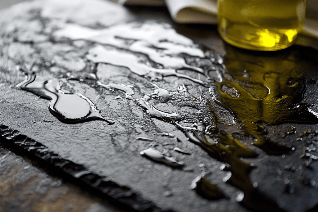 Blackstone griddle with an overly oiled surface next to a properly oiled area, showing the right and wrong way to use oil.