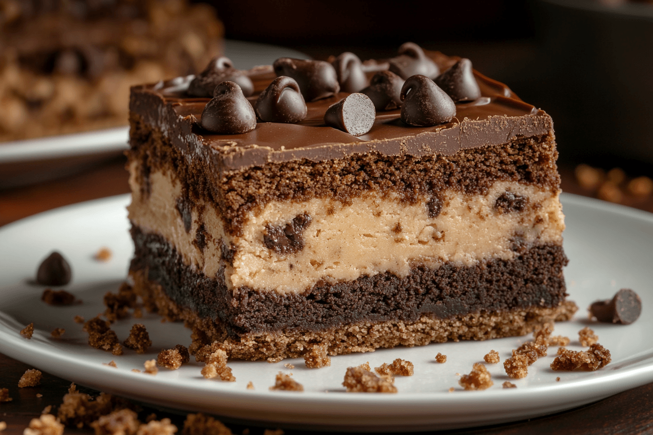 A close-up view of a bronkie slice showing its layered structure with a fudgy brownie base and a chewy cookie topping, dotted with melted chocolate chips, surrounded by crumbs on a clean white surface.
