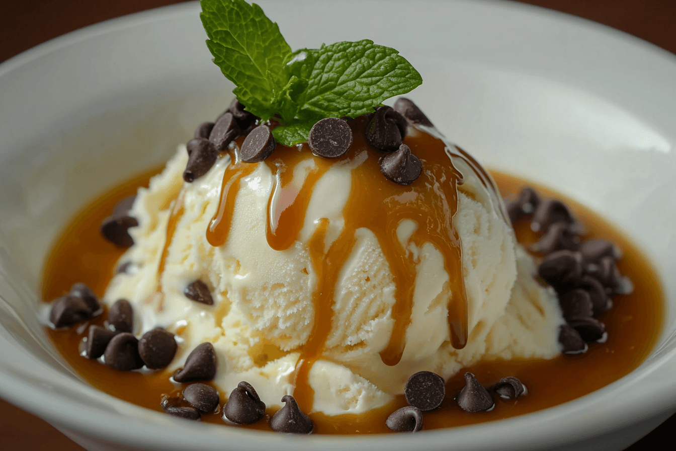 A bowl of homemade vanilla ice cream with caramel drizzle, garnished with chocolate chips and fresh mint leaves.