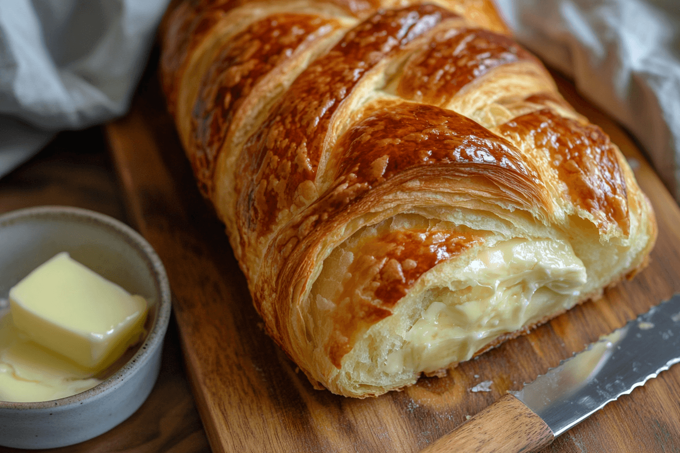 A golden loaf of croissant toast on a wooden board, with visible flaky layers and a dish of butter on the side, showcasing its buttery and rich texture.