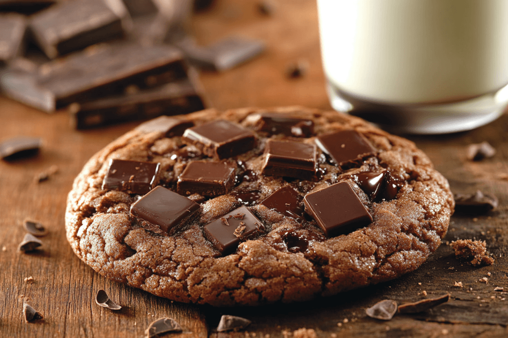 "Close-up of a Costco Double Chunk Chocolate Cookie with chocolate chunks on a wooden table."