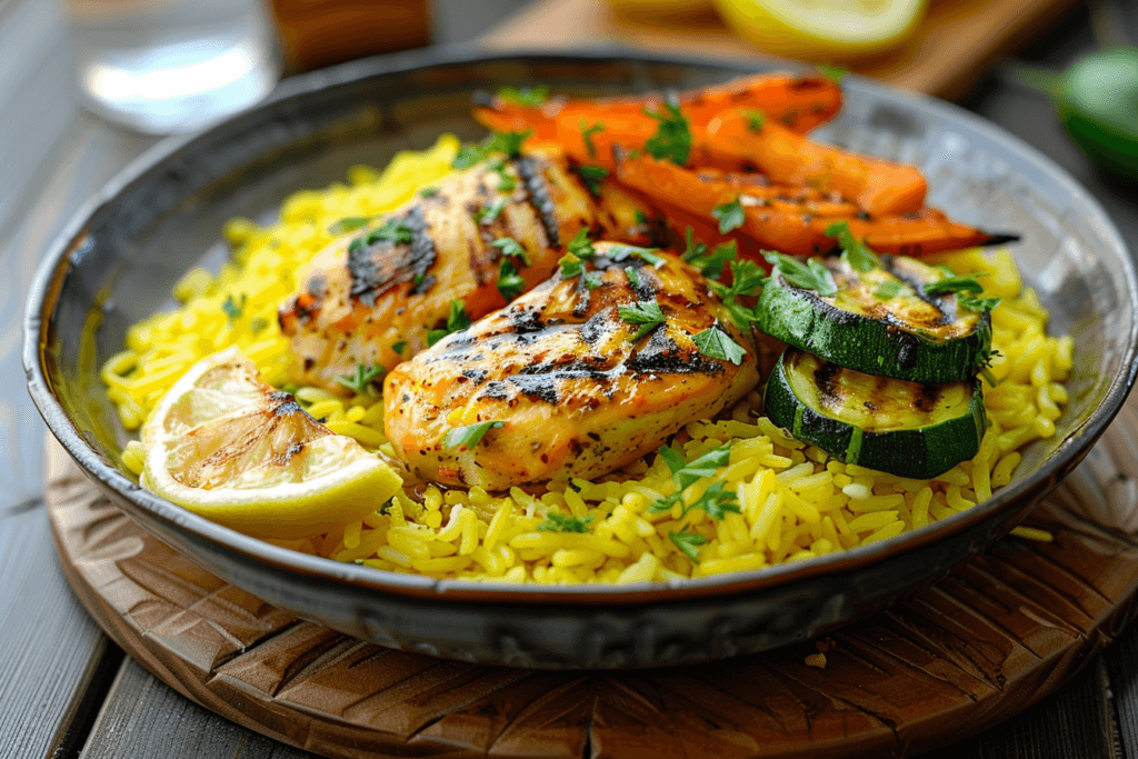 Yellow rice served with grilled chicken, vegetables, and garnishes.