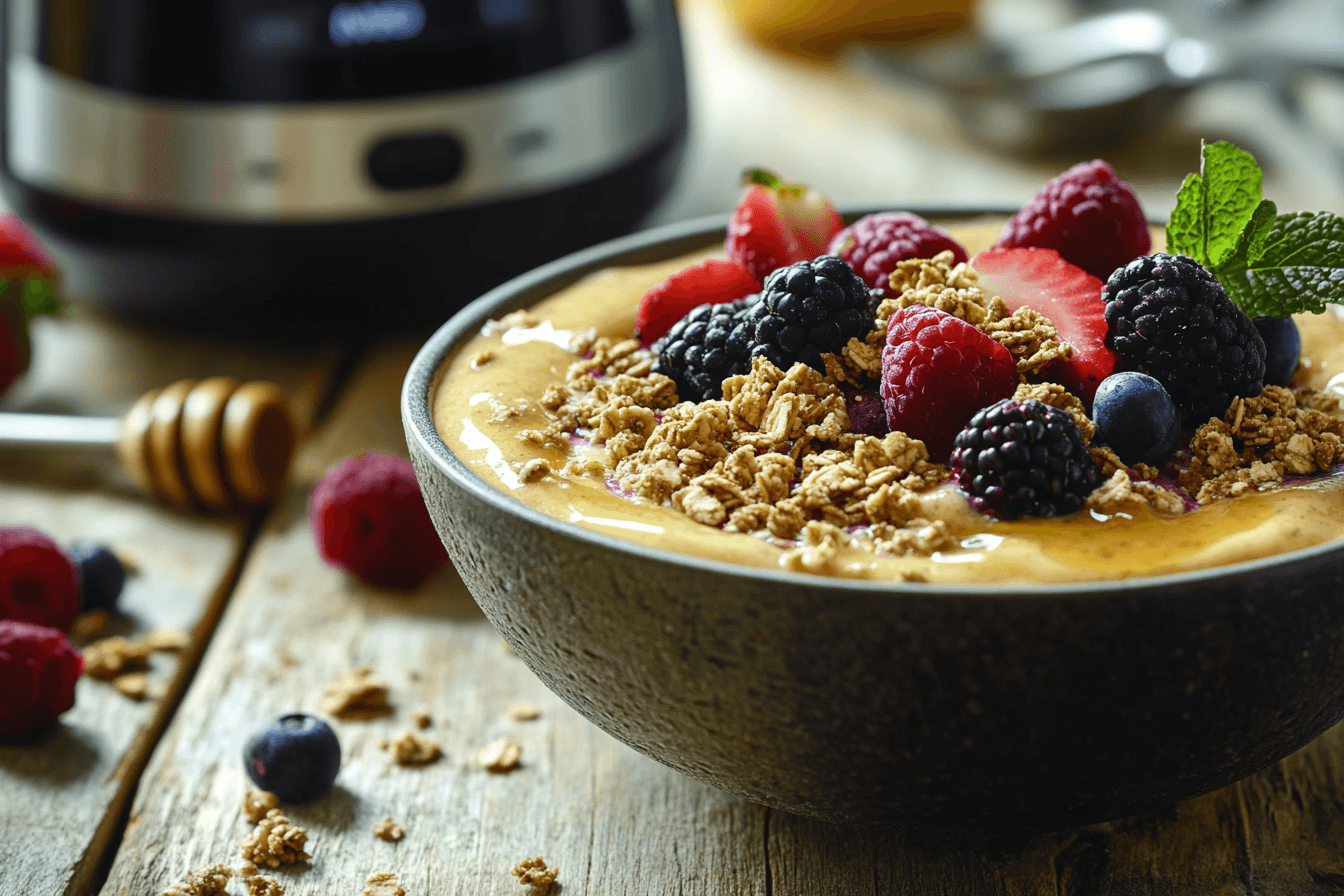 A smoothie bowl made with the Ninja Creami, topped with granola, berries, and honey, highlighting its ability to craft nutrient-packed smoothies.