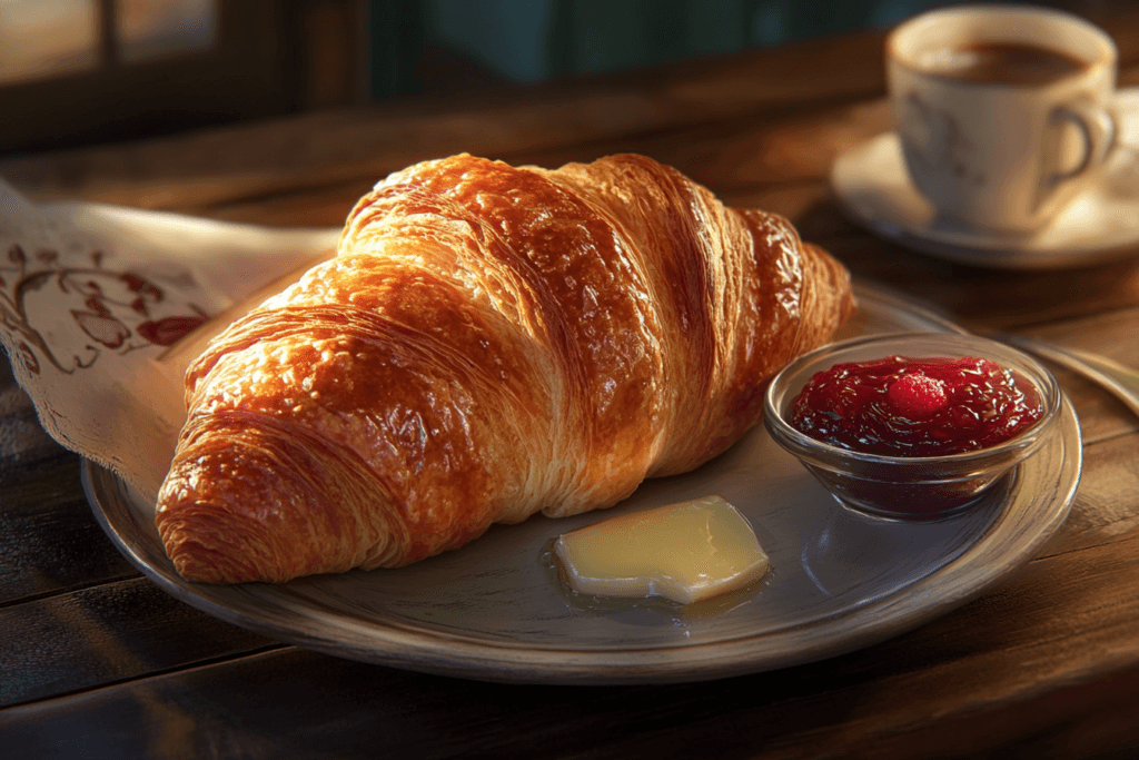 A perfectly toasted croissant on a plate with melting butter and raspberry jam, set on a wooden table alongside a cup of coffee.