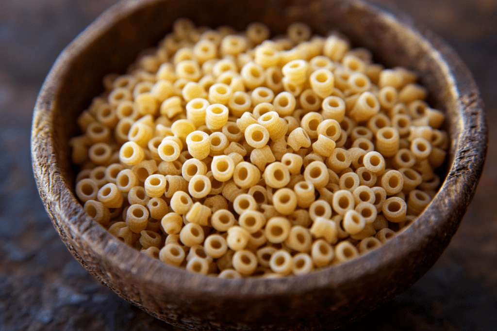 A display of various pasta substitutes like elbow macaroni, small shells, and orzo, arranged to show their similarities and differences from ditalini.