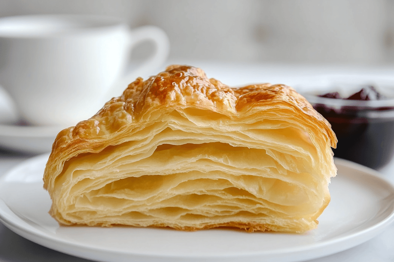 A close-up of a golden, flaky croissant on a white plate, accompanied by a pot of jam and a cup of coffee, showcasing its delicate texture.