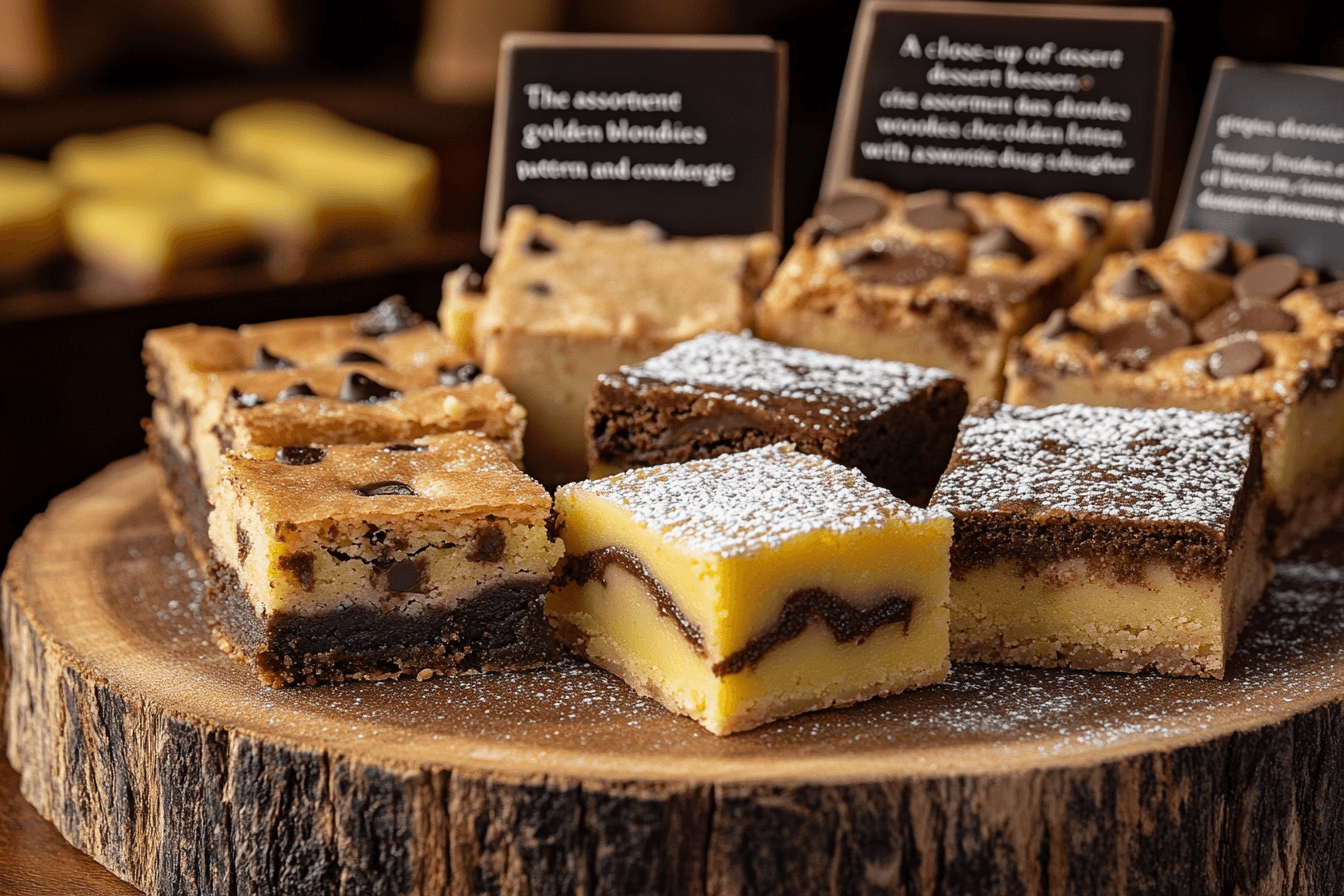 Alt Text: "A selection of blondies, brookies, and lemon bars on a wooden platter, showcasing their distinct textures and colors."