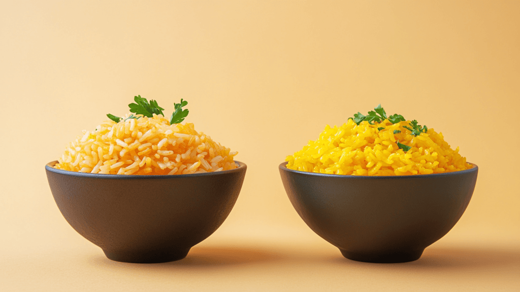 A spoonful of golden rice held above a bowl, with a laboratory setting in the background symbolizing its genetic modification origins.