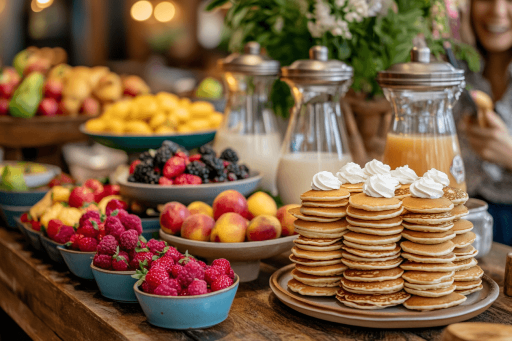 Mini pancakes presented on a buffet table with fruit, syrups, and garnishes, surrounded by cheerful guests enjoying the setup.