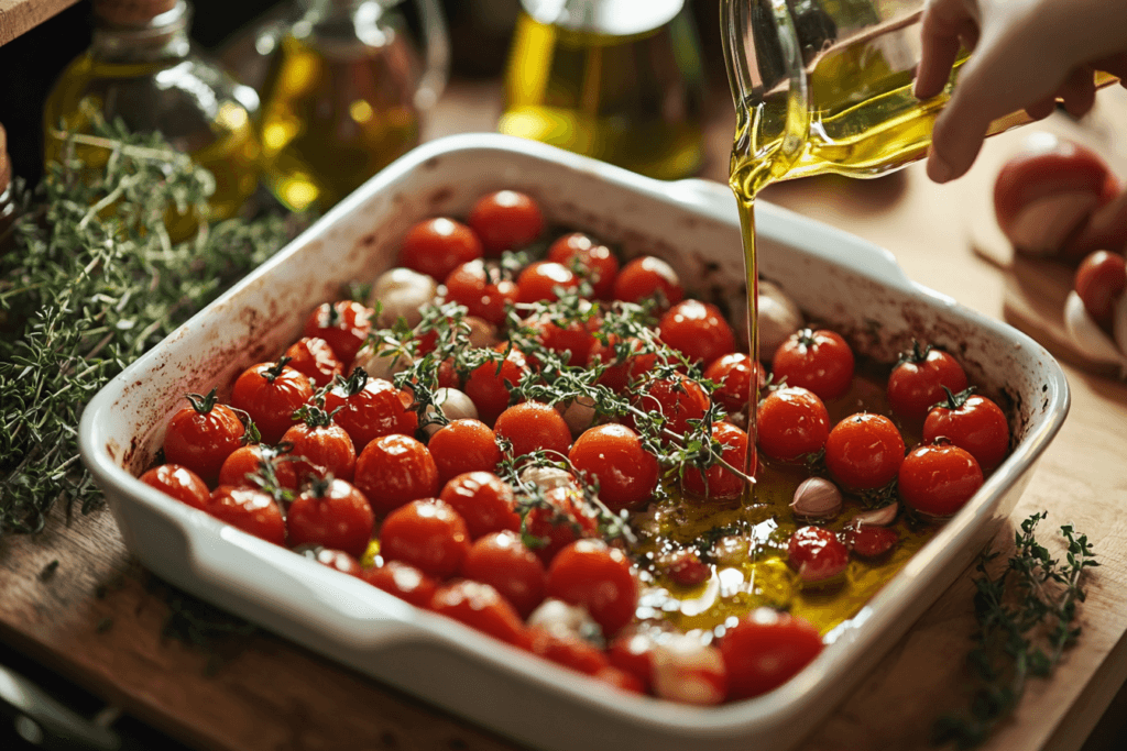 Cherry tomatoes in a baking dish with garlic and thyme, ready to be slow-cooked in olive oil.