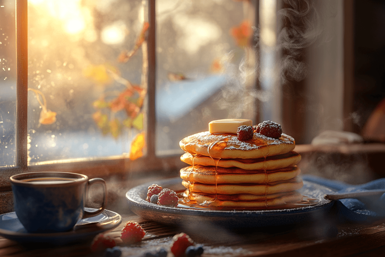 Golden, fluffy pancakes topped with butter and syrup in a cozy restaurant setting, with a side of fresh berries and coffee