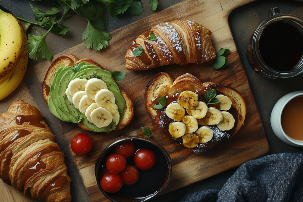 Two croissant toast slices, one with avocado and tomatoes, the other with Nutella and bananas, served with coffee and juice for a gourmet breakfast.

