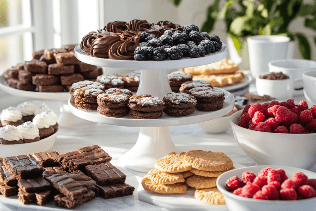 A tiered stand displaying brookies on a dessert table with additional treats like brownies and cookies.